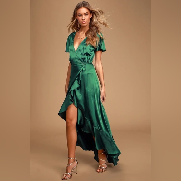 NWT Lulu’s Love Of Your Life Dark Green Satin Ruffled Wrap Maxi Dress sz XS - Picture 3 of 3
